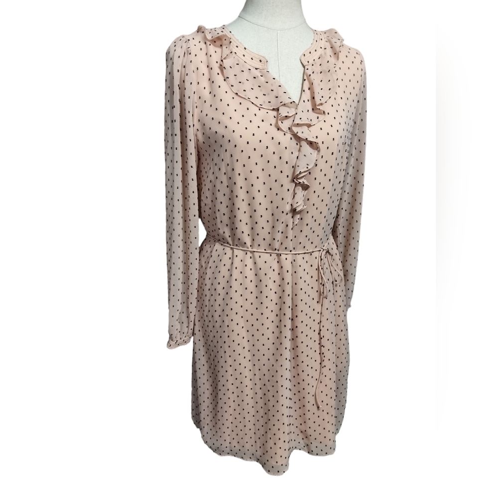 2167) Skies Are Blue Peach Spotted Ruffle Split Neck Long Sleeve Dress Size M